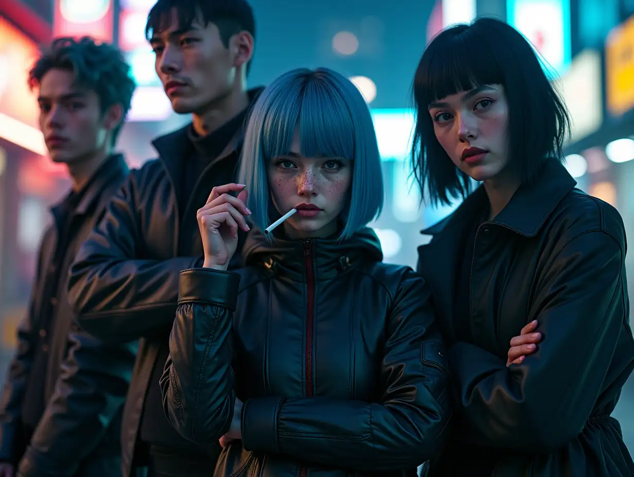 Ultra-realistic full-body shot of five cyberpunk individuals in a neon-lit city at night. Each person is distinct and clearly visible, captured with the **natural realism of high-end DSLR photography**. One character is crouching, smoking a cigarette with a relaxed expression. Zero1, a young woman with short straight blue hair, fair skin, freckles, and a beauty mark on her left cheek, stands with arms crossed, looking directly at the camera with a defiant gaze. Another character looks to the side, half of their face obscured in shadow. The last two, one male and one female, look confidently at the camera. Their cyberpunk outfits have **realistic fabric textures, intricate material reflections, and natural movement folds**. The scene is illuminated with **soft ambient neon lighting**, with deep shadows and true-to-life reflections. **High-resolution skin texture, visible pores, subtle imperfections, and organic facial expressions** ensure a lifelike quality. The composition is natural, avoiding artificial posing, with full-body framing from head to toe, ensuring each character appears as a **real human, not a digital render**.