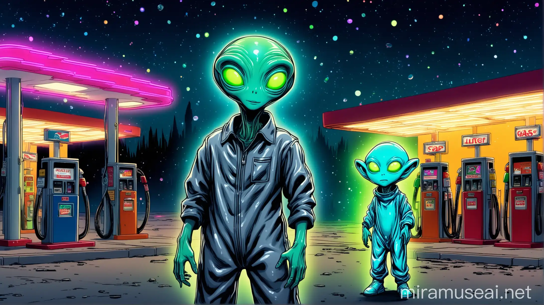 Young and Older Aliens at a Colorful Gas Station