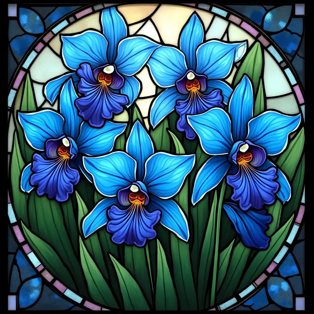 blue orchids depicted in a stained-glass window