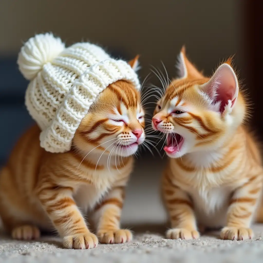 ginger nice real kitten in knitted white hat closed eyes paws, another kitten with open mouth shouting and hissing at him