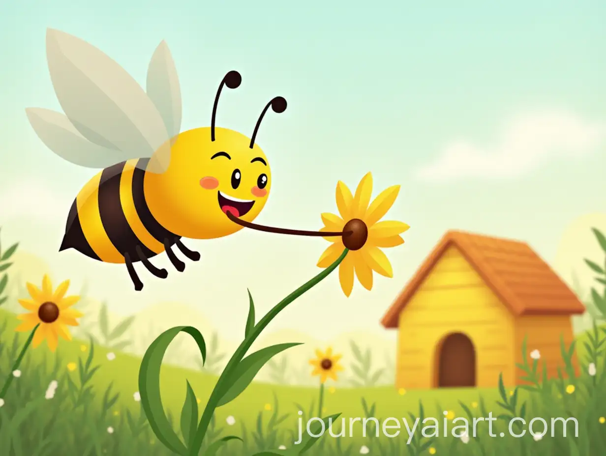 Cartoon-Bee-Sipping-Nectar-near-Flower-with-Hive-in-Distance