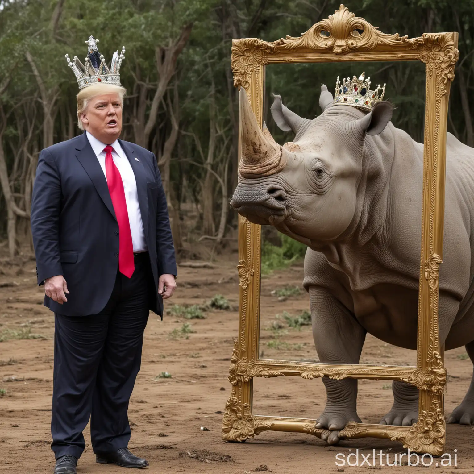 Donald-Trump-Crowned-Carried-by-Rhinoceros-Pointing-at-Mirror