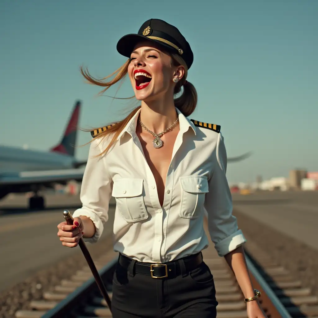 screaming pilot lady , in white unbuttoned airport security shirt, laughing with her mouth open, red lipstick accentuating her smile,belt on waist, jewerly, white skin, HD, holds long riding crop, photo-realism, walking on rails