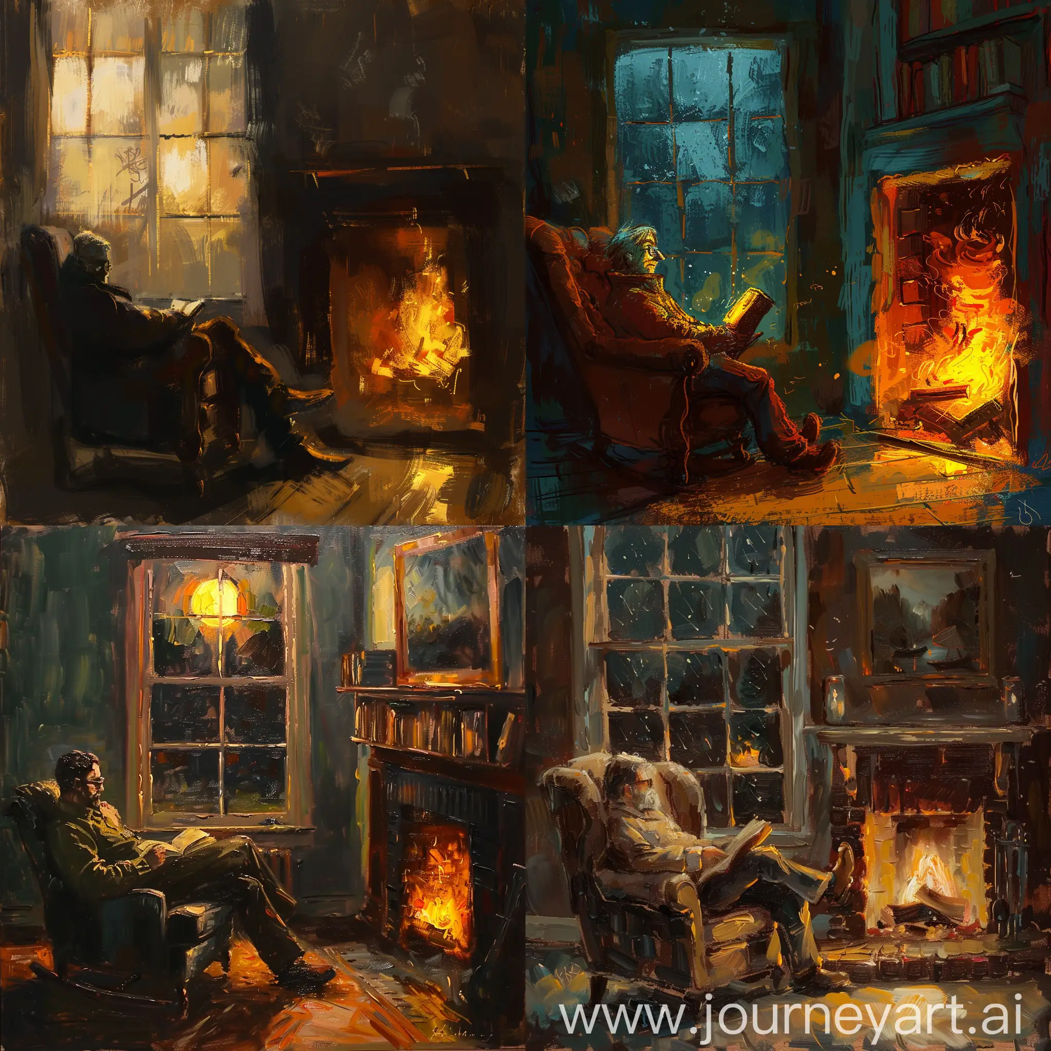 Eggman-Relaxing-by-the-Fireplace-with-a-Book-in-Cozy-Impressionist-Style