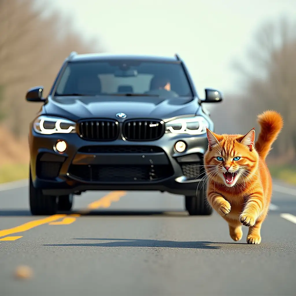 A large, tinted glasses, black BMW X5M chases a fluffy red cat, who runs away in horror along the road, with blue eyes, drawing