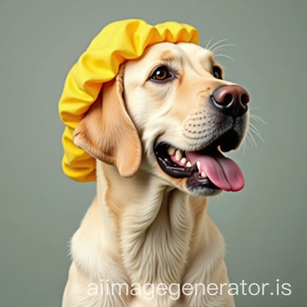 yellow labrador wearing a shower cap