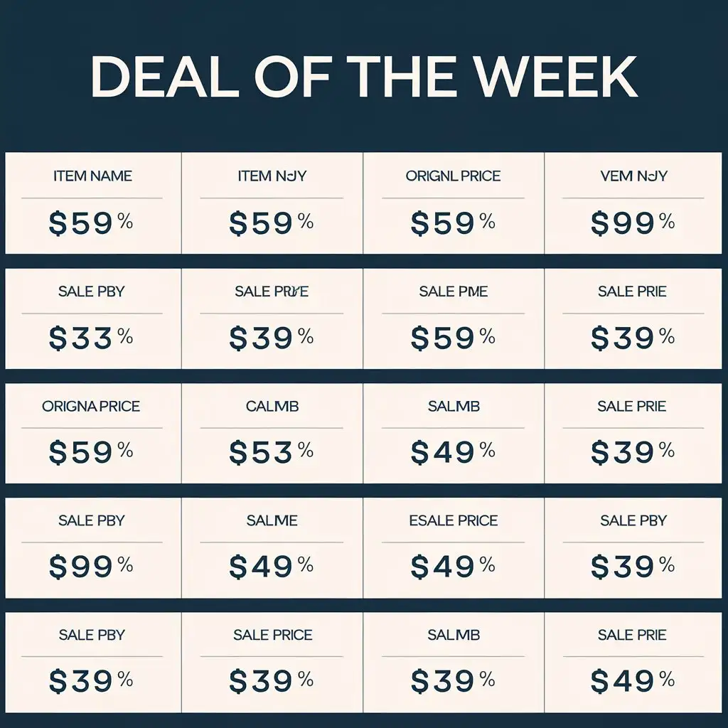 Make me a deal of the week sheet on a dark blue background with 10 rows for items