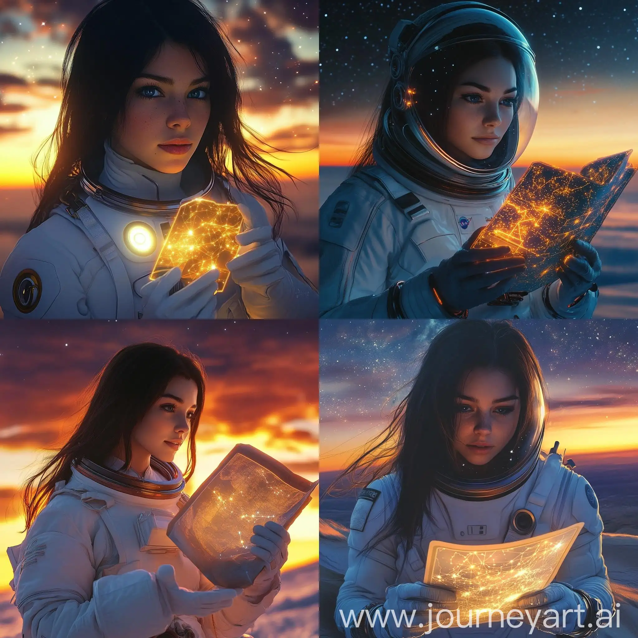 Photorealistic-Brunette-Girl-Astronaut-in-Glowing-White-Spacesuit-Holding-Star-Map-Against-Sunset-over-Planet