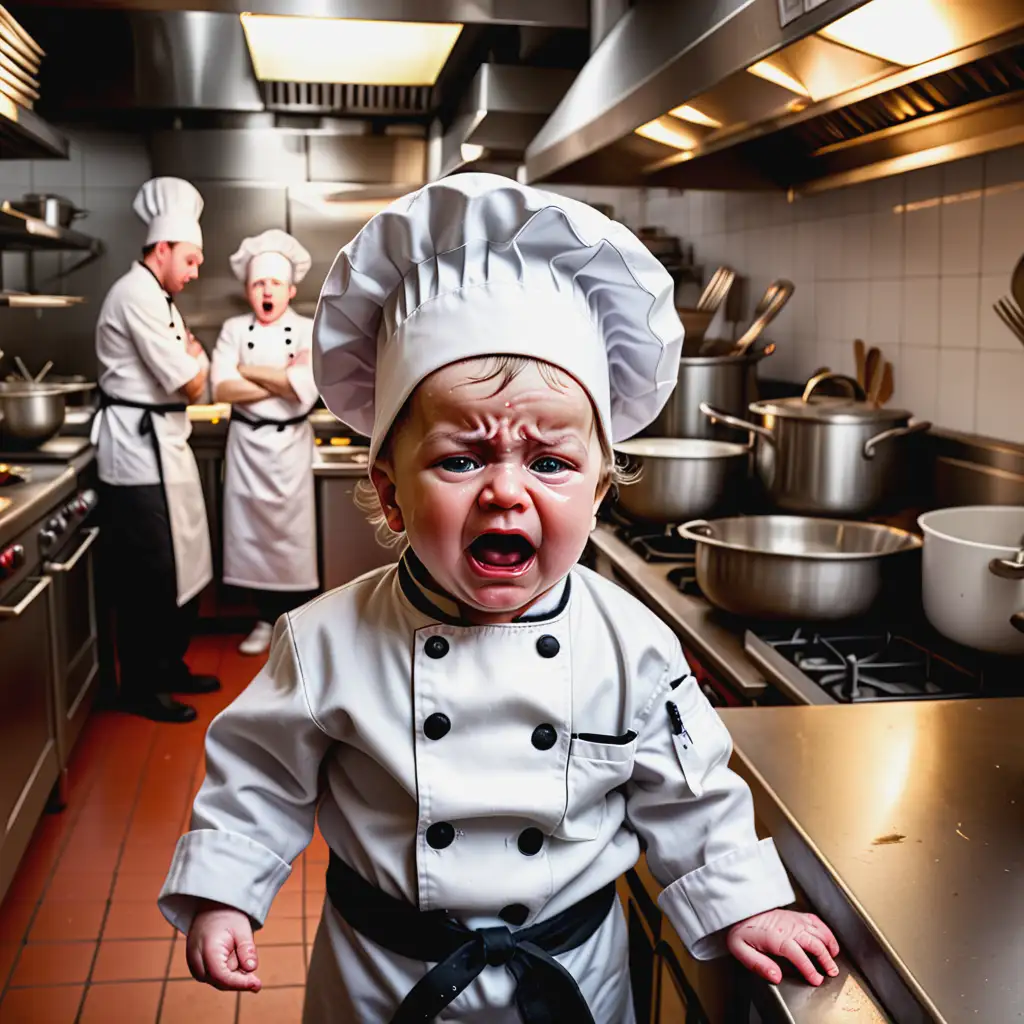 portrait of a single crying baby wearing a chef's coat and hat, in a small restaurant kitchen setting, several adult cooks working in the background, all stainless steel appliances and tables, 8k, bright fluorescent light