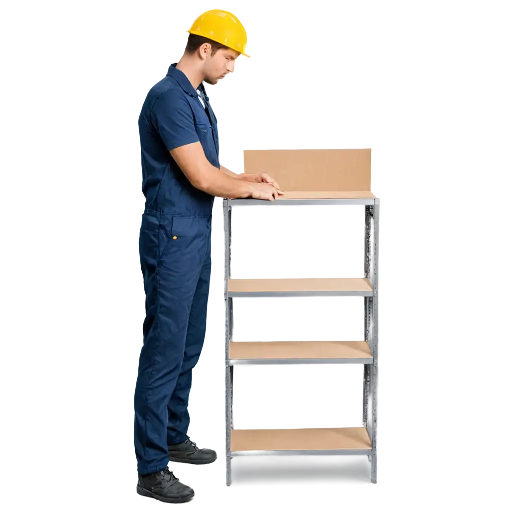 Metal shelving unit with MDF boards and a man with worksuit standing beside it