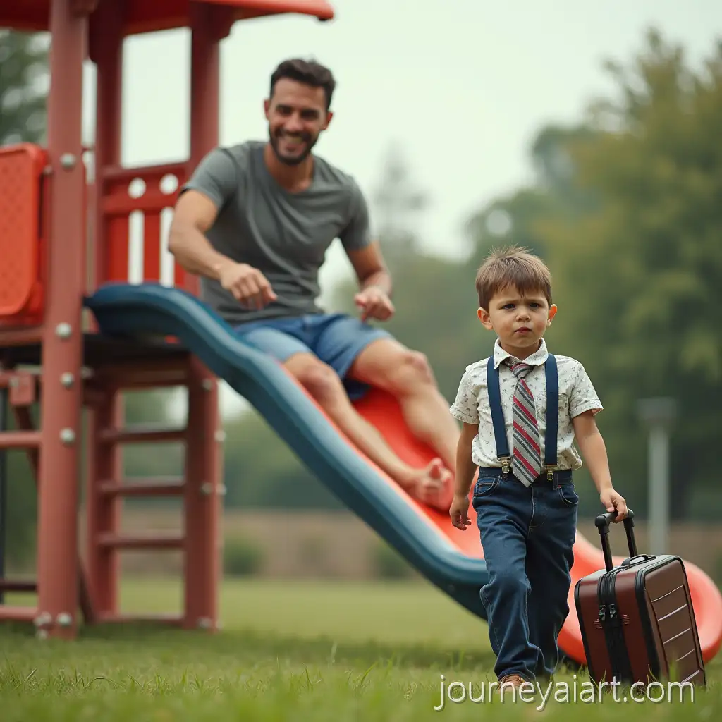 Playful-Father-Sliding-While-Upset-Son-Watches-in-Formal-Suit