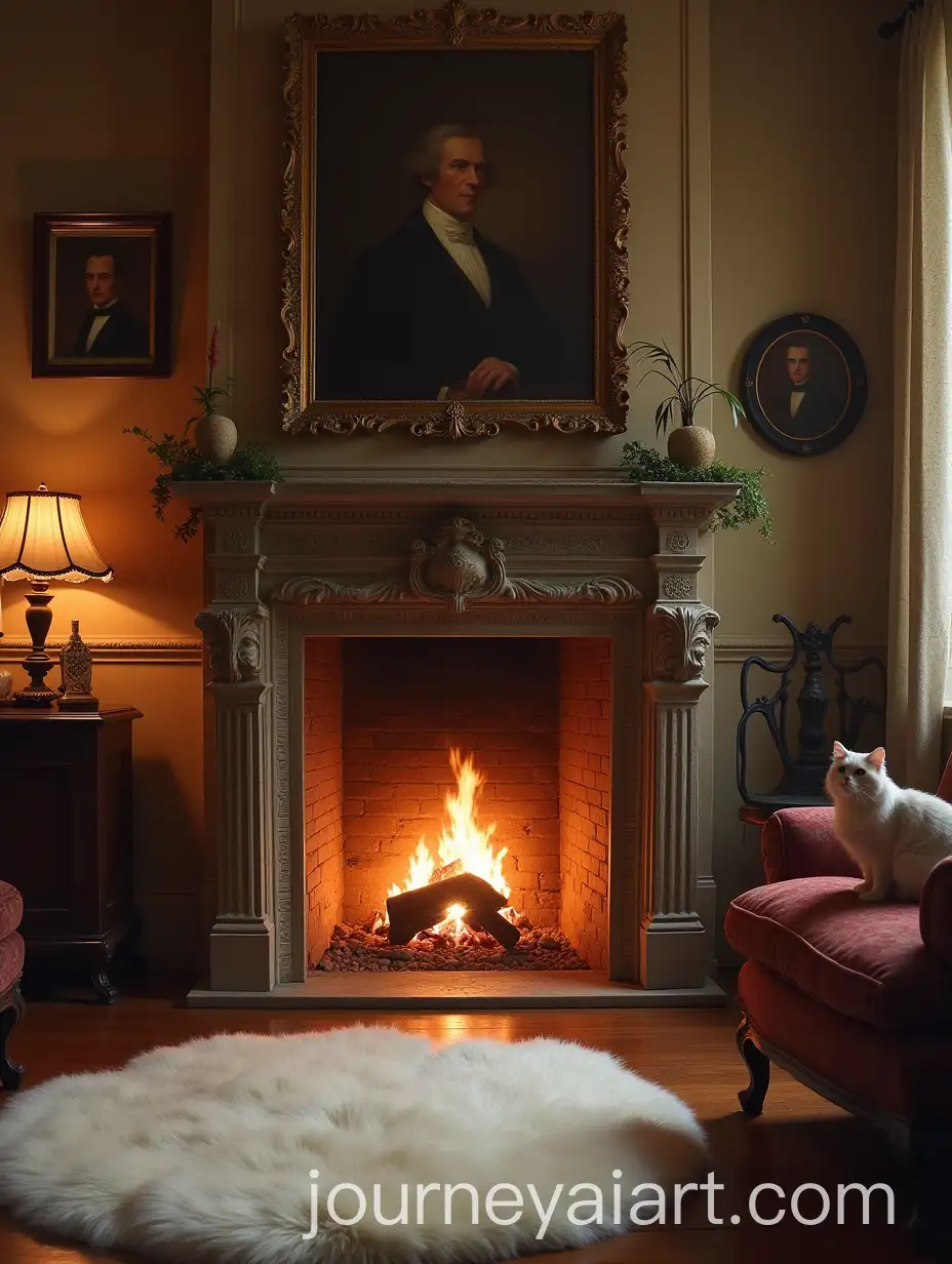 Cozy-Living-Room-with-Roaring-Fireplace-and-Black-Cat-on-Sofa