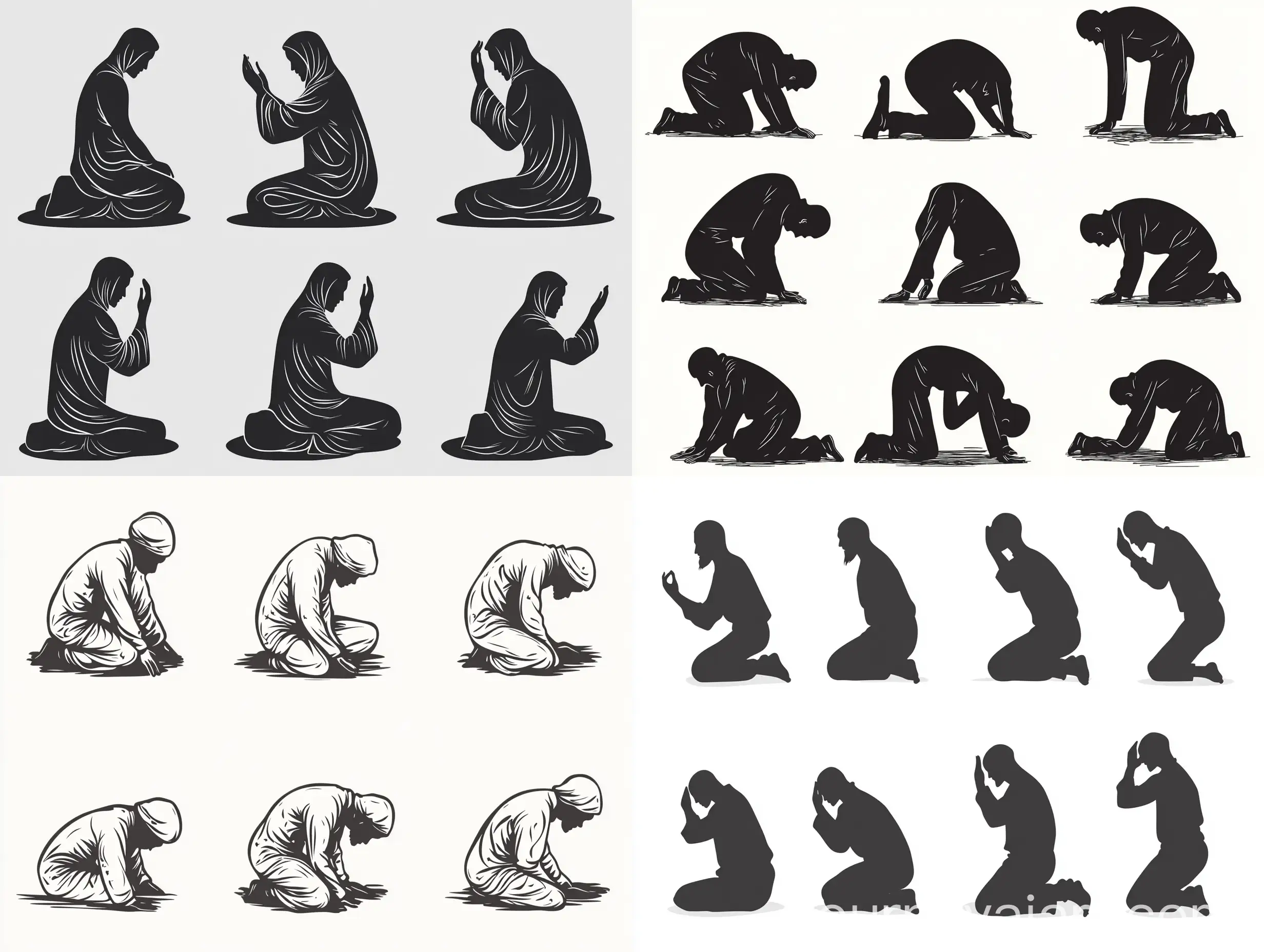 Set-of-Muslim-Prayer-Poses-in-Simple-Vector-Style