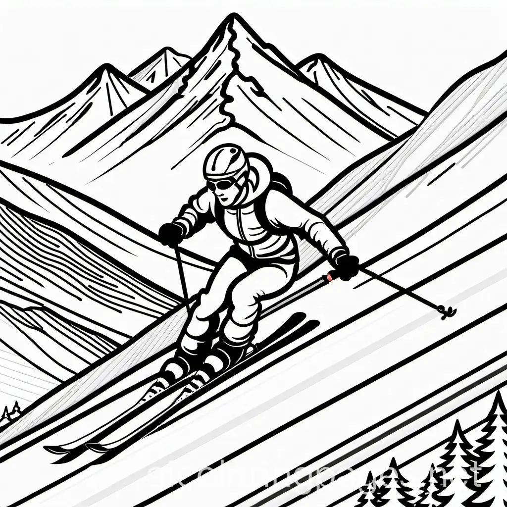 A skier racing down a snowy slope with a scenic mountain backdrop. (No background, simple coloring book page for kids.), Coloring Page, black and white, line art, white background, Simplicity, Ample White Space. The background of the coloring page is plain white to make it easy for young children to color within the lines. The outlines of all the subjects are easy to distinguish, making it simple for kids to color without too much difficulty