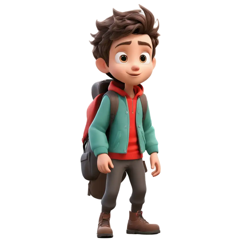 A 3D animated young boy with a cheerful and adventurous expression. He has short, spiky brown hair and large, expressive eyes. He is wearing a red jacket with a backpack strapped to his shoulders, as if ready for a journey. The boy is set against a bright, outdoor background with a clear blue sky and distant mountains, giving the impression of a fresh, cool day. The overall style is similar to modern animated movies with a soft, vibrant, and highly detailed look.