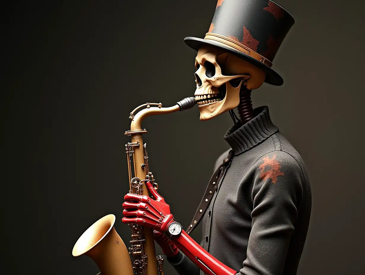 Create a high-resolution, realistic image of a robot with a skeletal body, red porcelain hands and head, a sweater, a Steampunk top hat, and a Selmer Supreme Alto Sax SE-ASUB  in 4K resolution (Steampunk 8K quality)