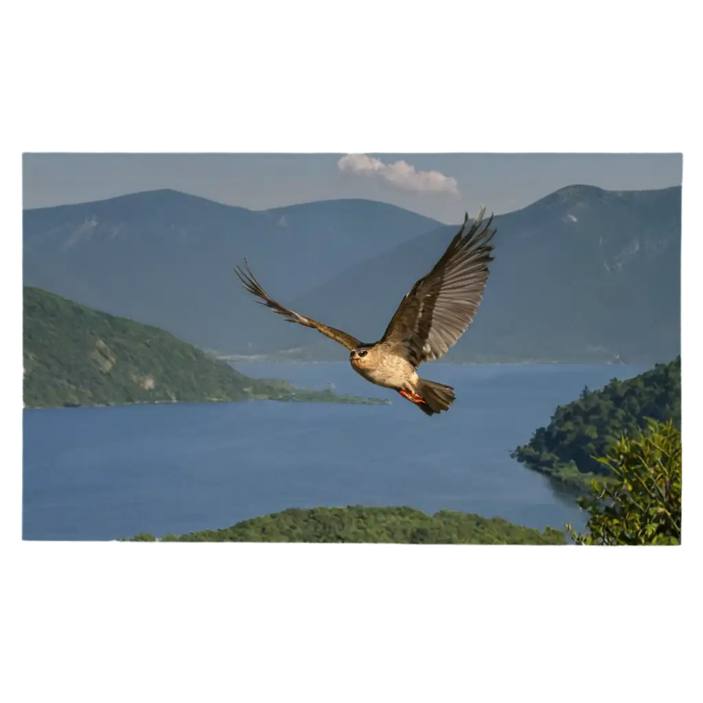 Bird-Flying-in-Blue-Sky-PNG-with-River-and-Hill-Ideal-for-NatureThemed-Graphics