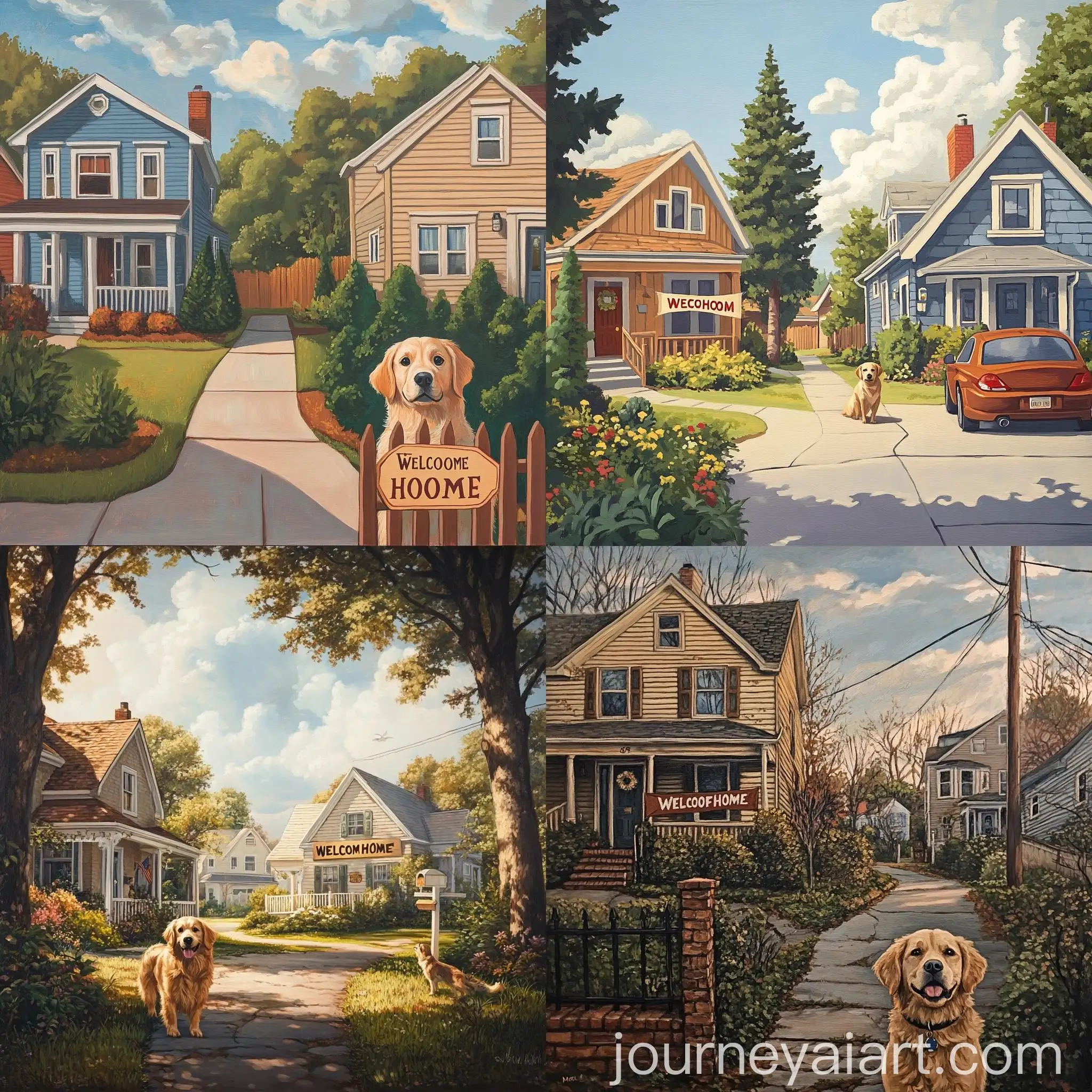 Cozy-Suburban-Street-Welcome-Home-Banner-and-Curious-Golden-Retriever