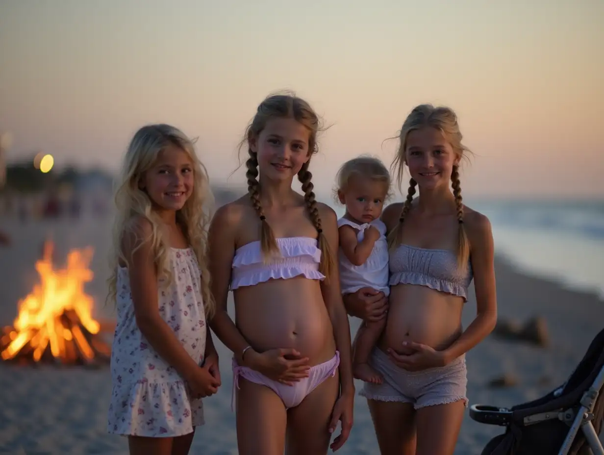 Three-Young-Girls-with-Toddlers-and-a-Bonfire-on-the-Boardwalk-at-Twilight