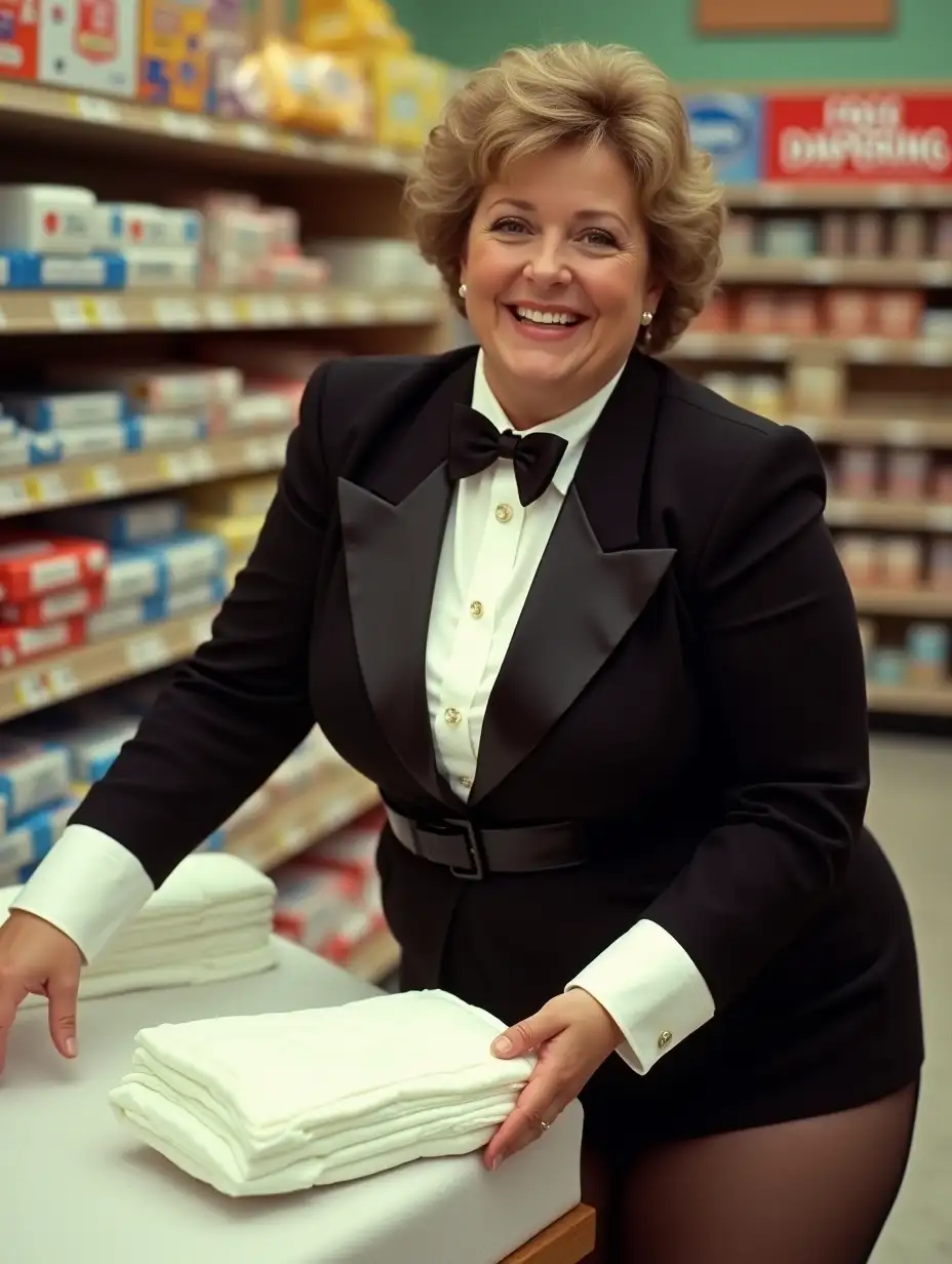 Caucasian-Woman-Demonstrating-Diapers-at-Supermarket-with-Vintage-Huggies-Packaging