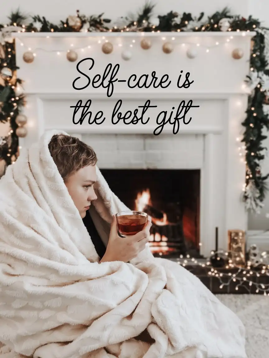 Cozy Winter Evening Person Wrapped in Blanket with Tea or Cocoa by Fireplace