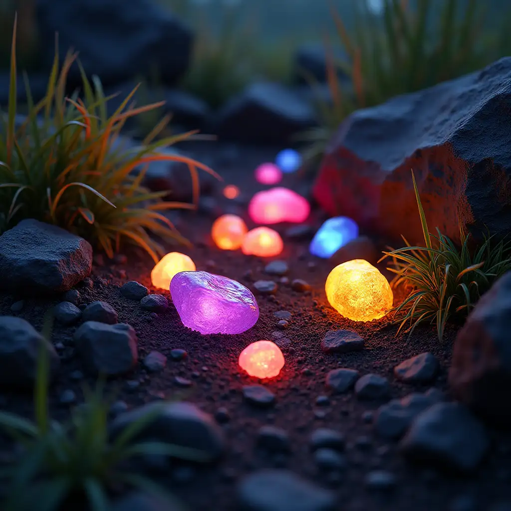 Colorful-Glowing-Magic-Stones-Buried-in-Soil-and-Vegetation