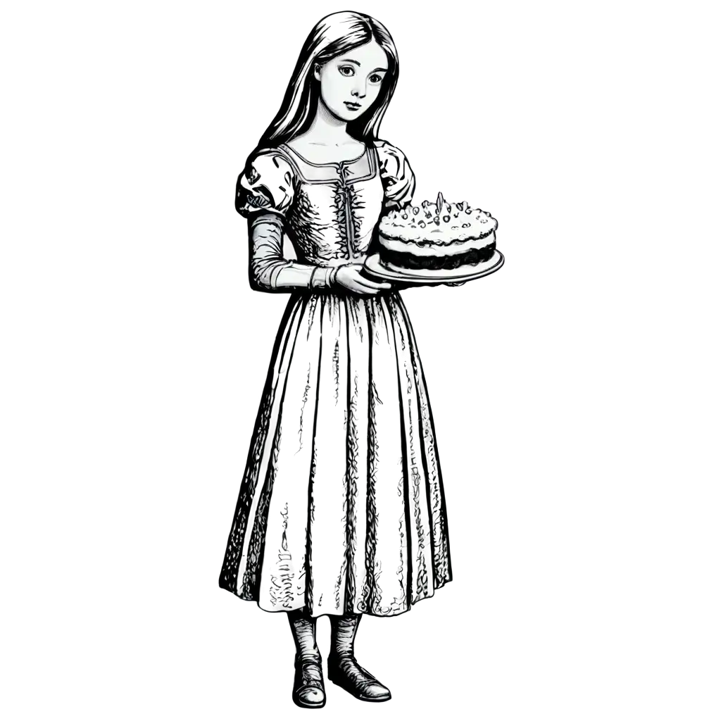 Medieval-Girl-Holding-a-Cupcake-PNG-Black-and-White-Vector-Artwork-for-Versatile-Use