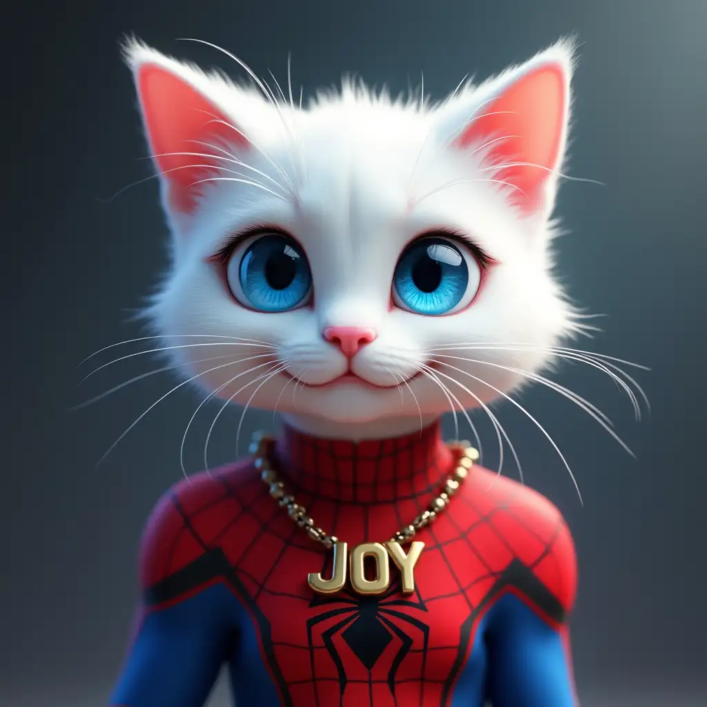 a white cat with blue eyes wearing a spiderman suit and a necklace that reads JOY