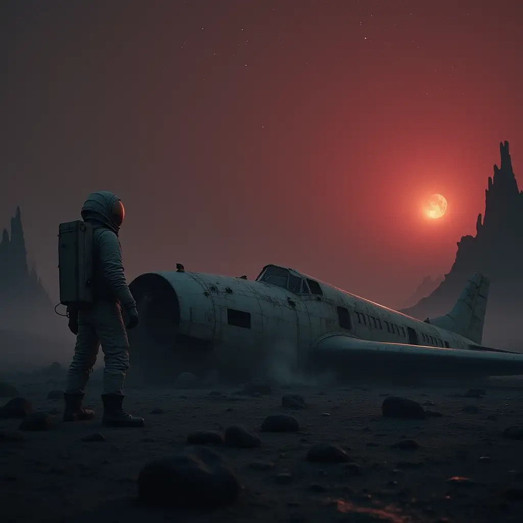 A haunting scene of a crashed plane lying in a desolate, otherworldly landscape. The plane's broken fuselage is partially buried in dark, ashen soil, with smoke rising faintly from its engines. Beside the wreckage stands an astronaut in a weathered spacesuit, their helmet reflecting the dim light of a distant, dying star. The atmosphere is dark and eerie, with a thick, foggy haze enveloping the surroundings. Strange, jagged rock formations loom in the background, and the sky is a deep, ominous shade of crimson, dotted with faint, twinkling stars. The astronaut's posture suggests a mix of curiosity and despair, as if they are both an explorer and a survivor in this alien environment. The scene evokes a sense of mystery, isolation, and the unknown.