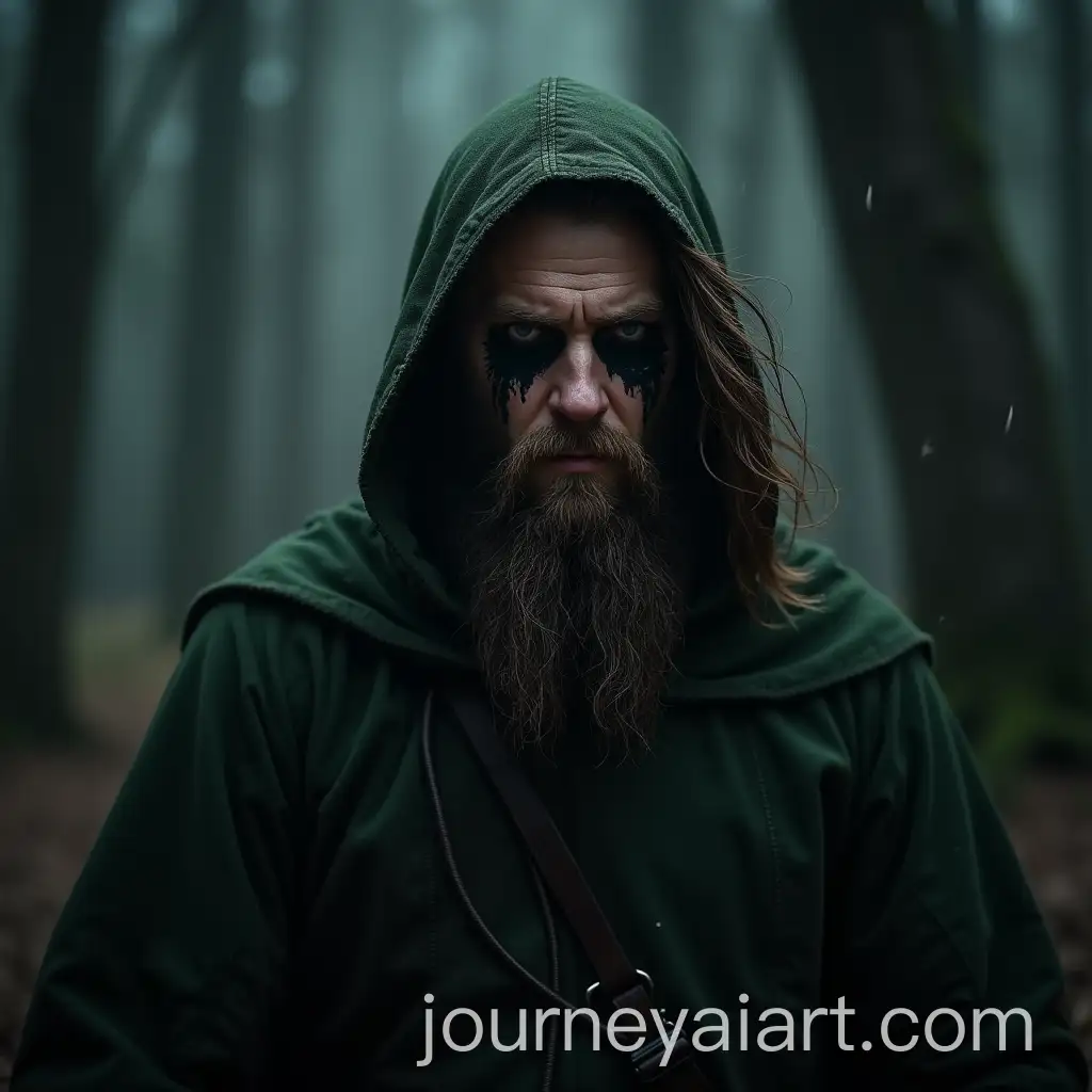 Mysterious-Bearded-Man-with-War-Paint-in-Dense-Forest-at-Night