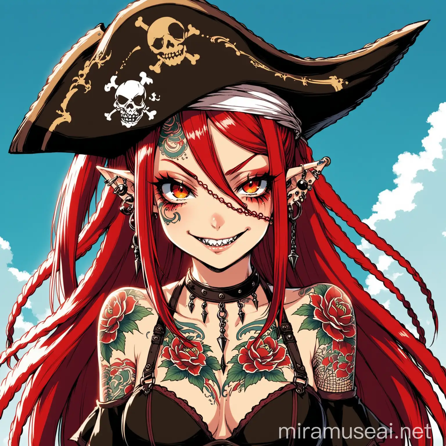 Anime Pirate Goblin with Scarlet Red Hair Tattoos and Piercings