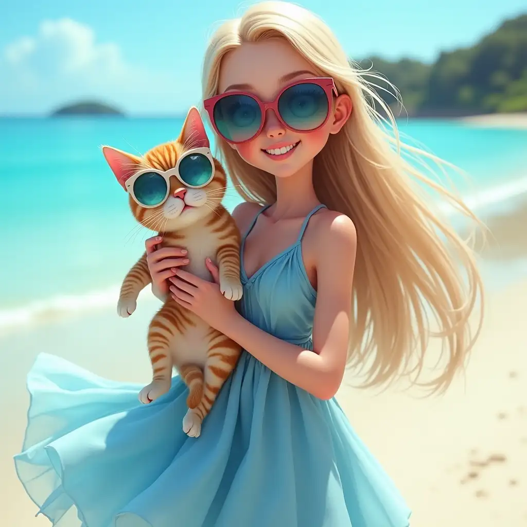 a girl on a beach wearing a beautiful blue dress with a stunning sunglass ,holding a cat ,cat also wear a specs