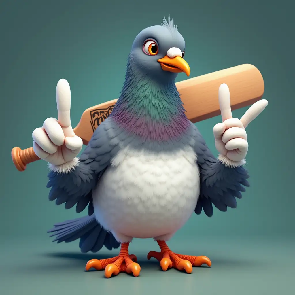 Pigeon mascot posing with a bat on shoulder and a victory sign for T20 event