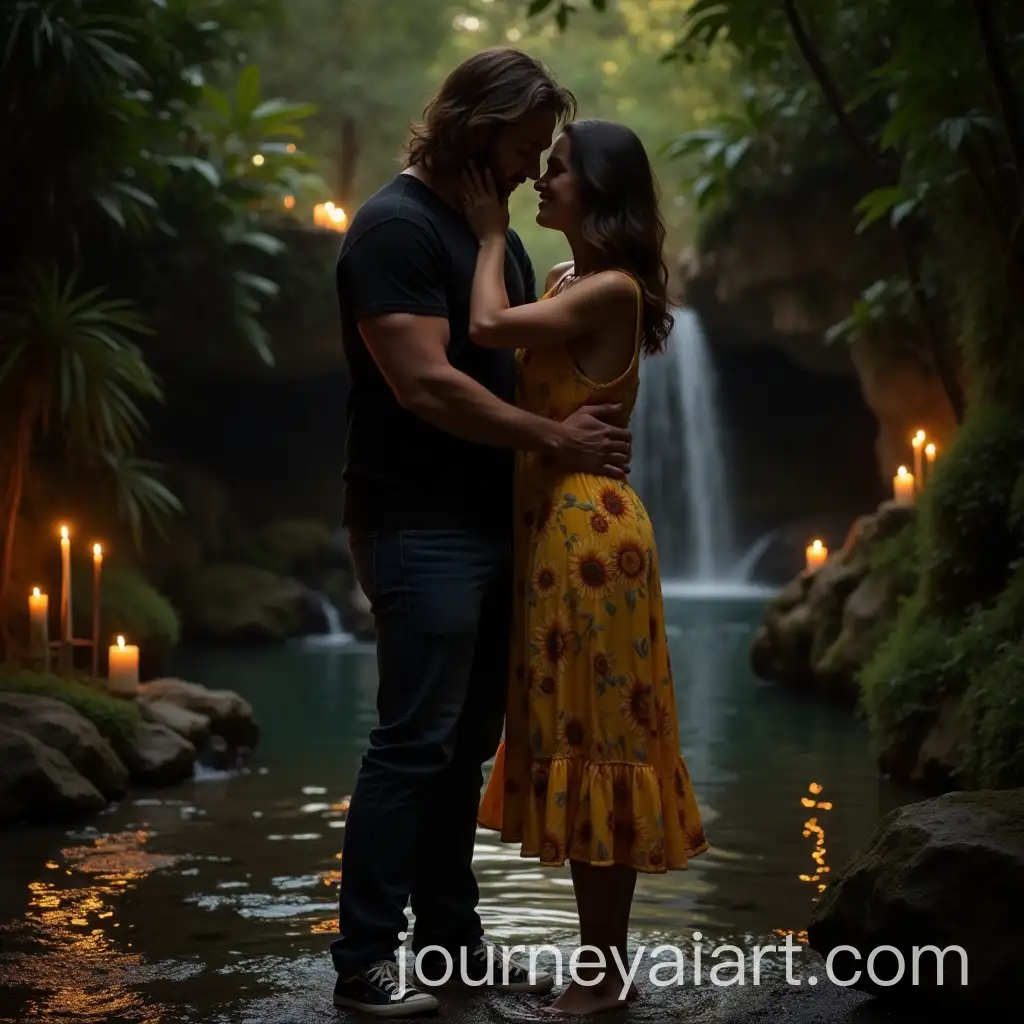 Romantic-Couple-Embracing-by-Waterfall-in-Night-Garden