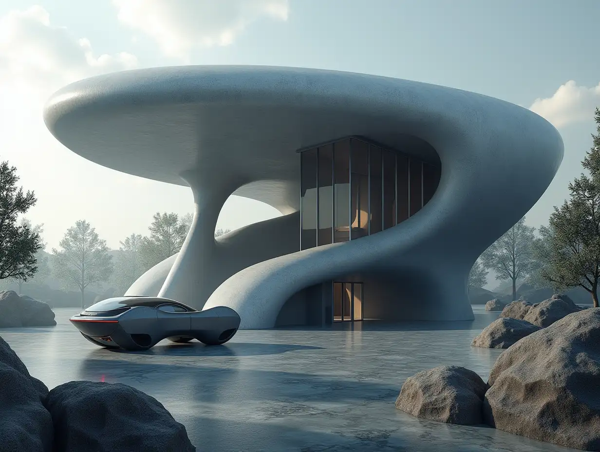 Create a high-resolution realistic image in 4k resolution a futuristic grey-black building with curved pillars, trees, rocks and a futuristic vehicle with a glass roof and cloudy sky