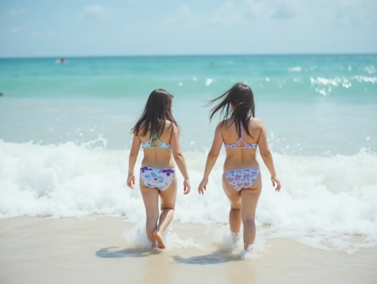 Two-Girls-in-Bikinis-Wading-Through-Ocean-Waves