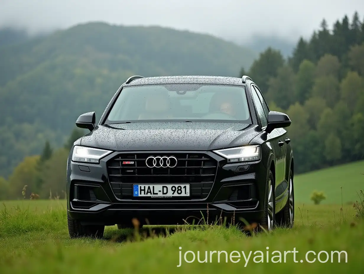 Black-Audi-SQ7-on-Lush-Green-Meadow-with-Hilly-Background-in-Rainy-Weather