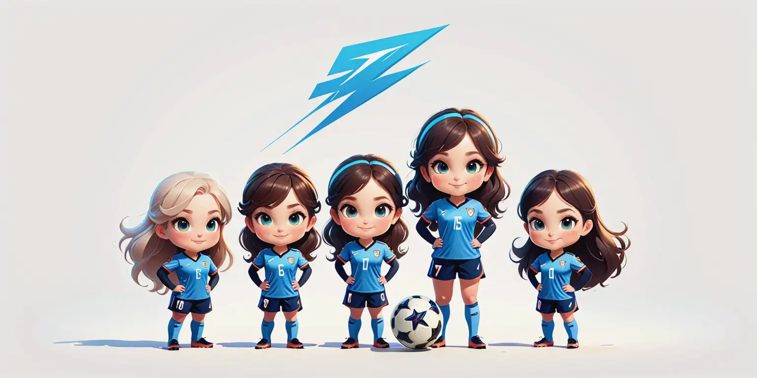 Young Thunder Girl Squad Playing Soccer in Minimalist Cartoon Style