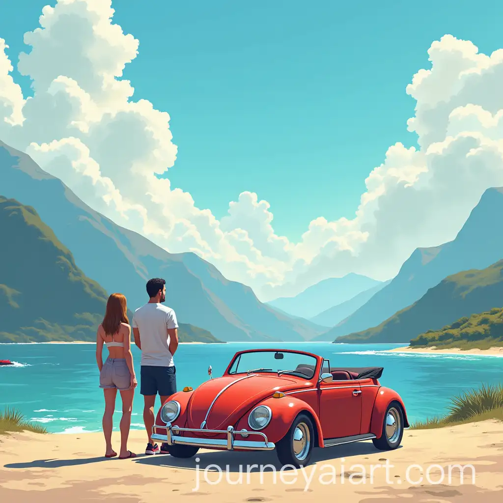 Couple-Admiring-Mountains-and-Beaches-Beside-a-Bugatti-in-Anime-Style