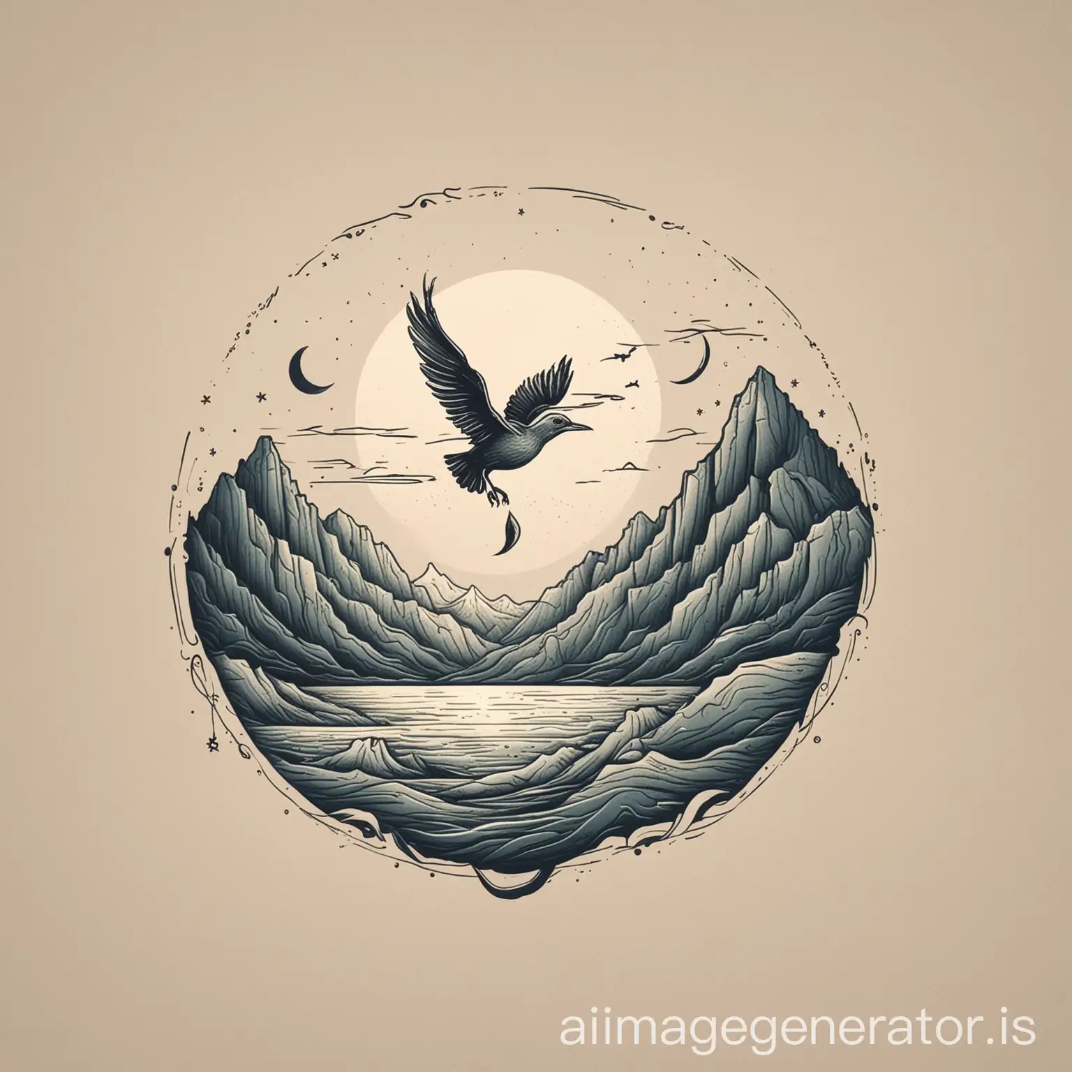 flying bird sun moon mountains sea logo one line minimalistic, script 'STEKKLO'