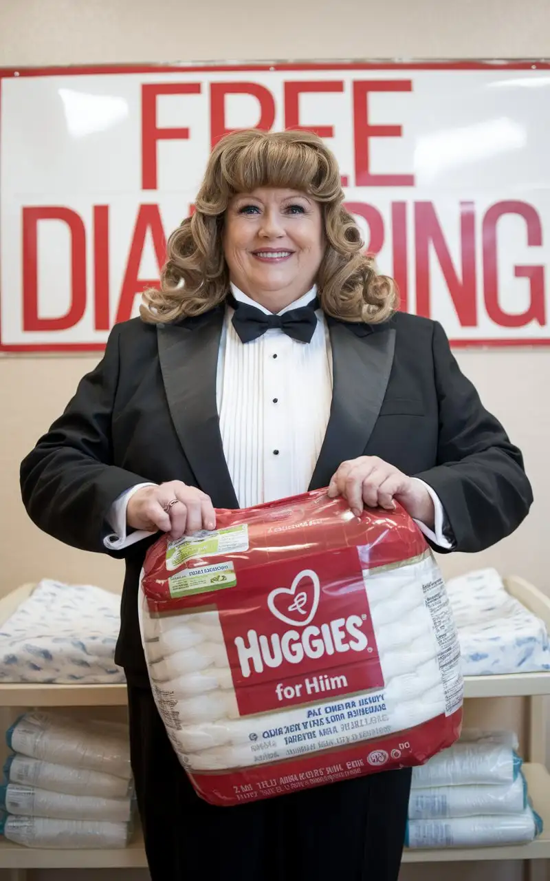 sweet very beautiful smiling middle aged huge fat obese woman with large wide huge hips Caucasian, with mid-length light brown curly hair with curly bangs, standing facing forward wearing a very formal concert tuxedo with black long sleeve cropped Eton jacket, white wing tip tuxedo shirt with pleated front, black adjustable neckband diamond point bow tie, black cummerbund, black tight high cut cotton leotard bottom with elastic waistband, nylons, holding large scarlet red and white plastic package of Huggies for Him Adult Size while standing next to a changing table with a stack of plastic disposable diapers in a nursery, with a large visible sign that reads 'FREE DIAPERING'