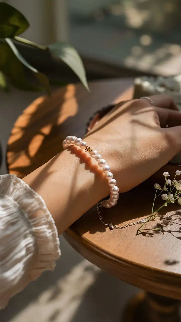 Delicate-Bracelet-with-White-Freshwater-Pearls-and-Gold-Bee-Charms-on-Womans-Wrist