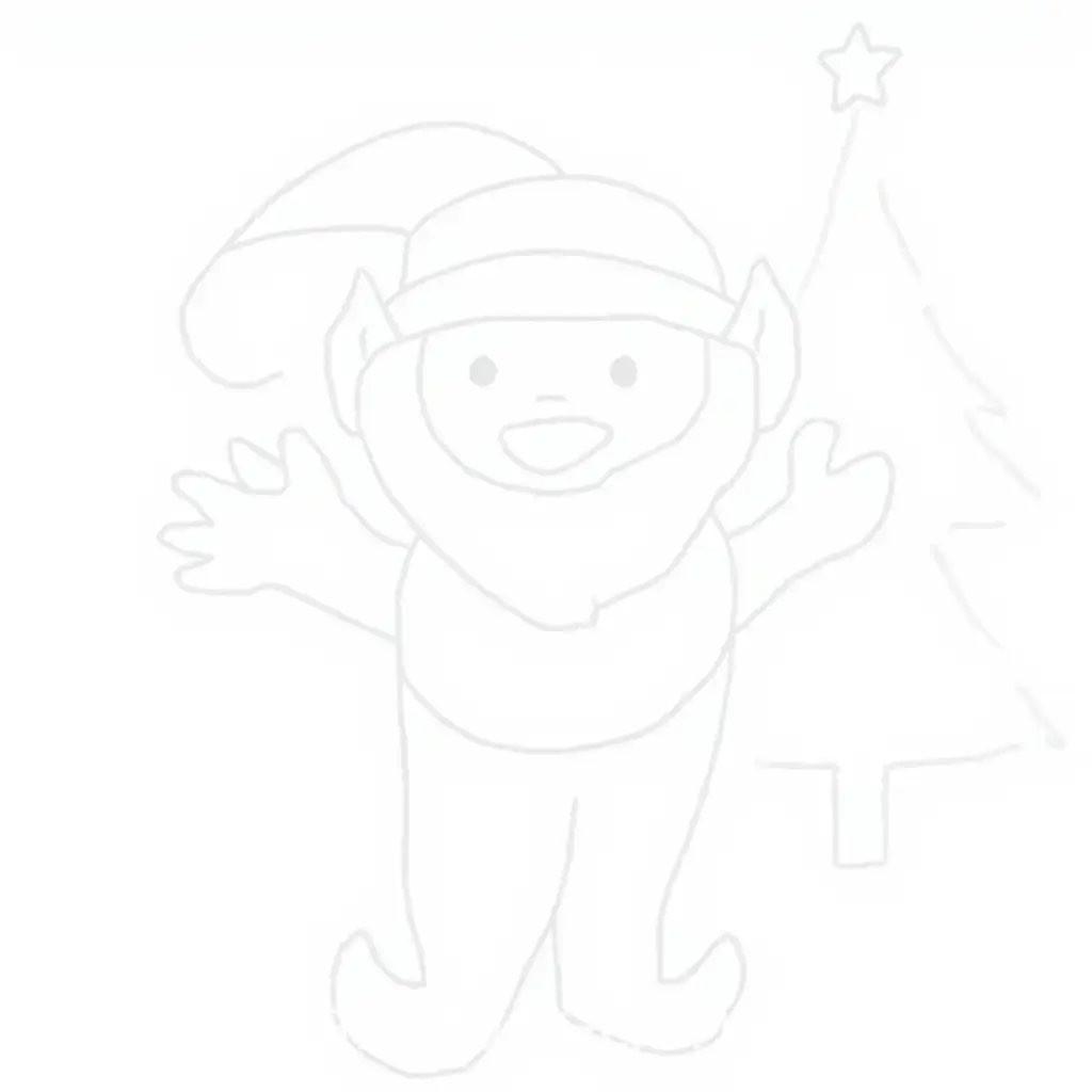 Can you make a coloring page of a Christmas elf that is opening its hands with a Christmas tree behind it?