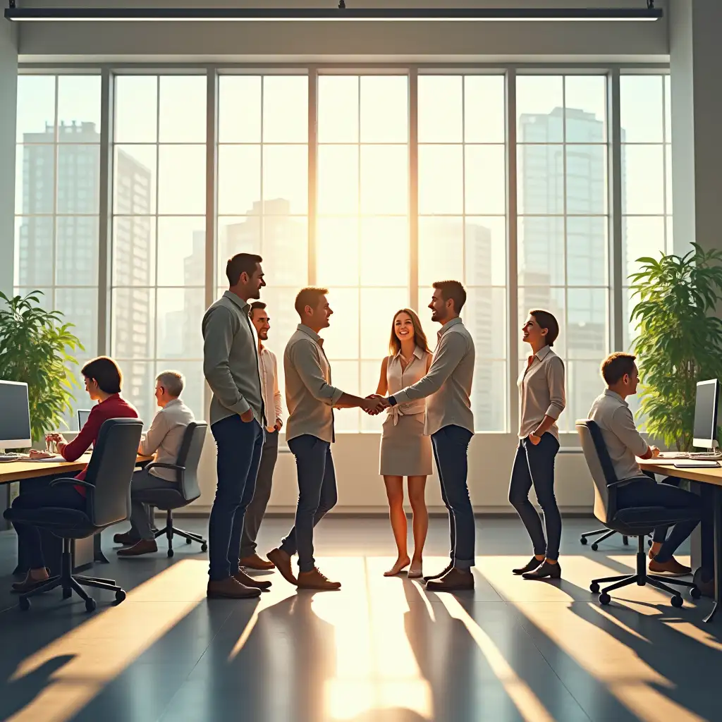 Draw a bright, modern office with large windows, showing an urban landscape. A cozy, friendly atmosphere. In the background you can see colleagues working at their desks, some of them also greeting each other. There are plants in the office that add green and freshness. In the foreground - a group of employees standing in a circle and discussing ideas. They greet each other by hand, exchanging glances and smiles, creating an atmosphere of friendliness and cooperation. Realistic photo