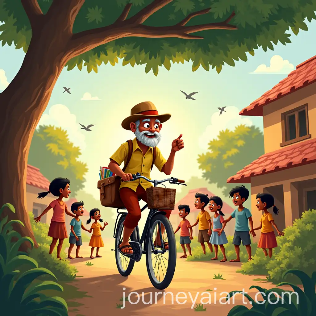 Chamcham-Uncle-Arrives-in-aAI-Art-Prompt-Expansion-Colorful-Village-on-His-Vintage-Bicycle