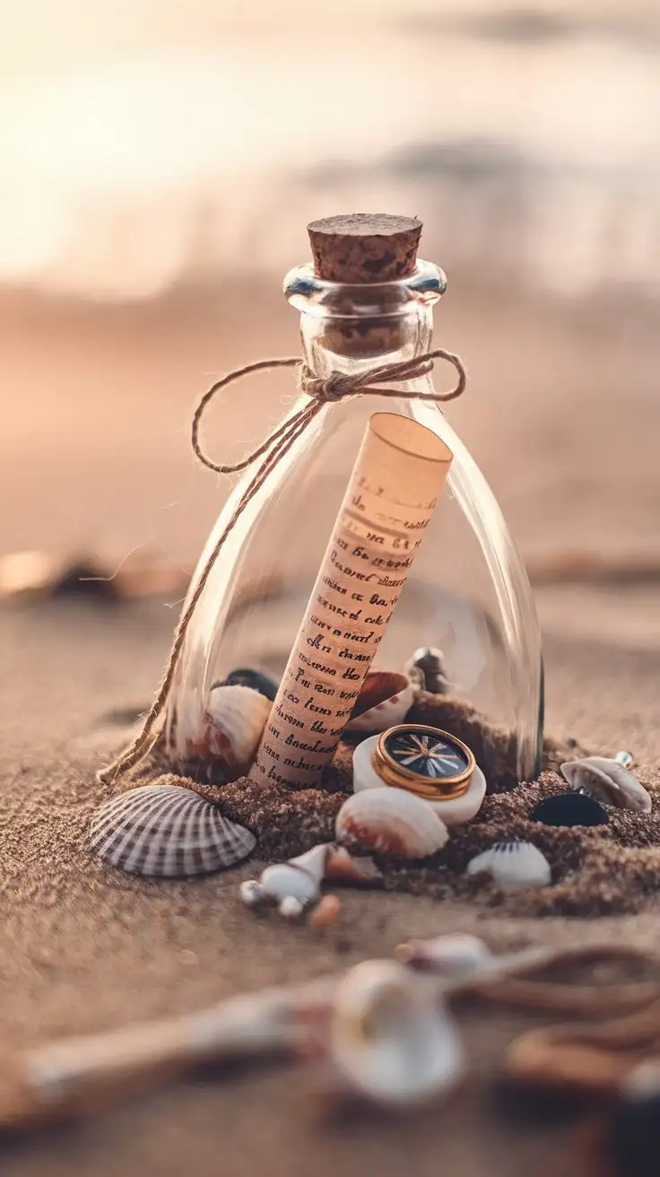 Close-up, warm lighting, elegant glass bottle on a sandy beach. Rolled parchment message tied with twine inside.  Tiny seashells, miniature compass, and other small, nautical-themed trinkets spilling out of the bottle.  Romantic, mysterious, adventure theme. Soft focus background, shallow depth of field.