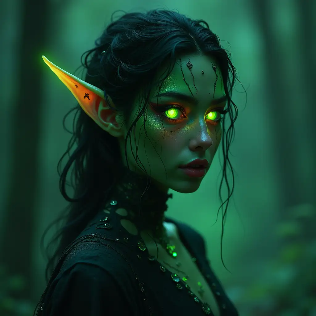 Imagine an Elfen-Lady who has merged with monsters through mystical forces. Her skin shimmers in eerie colors, as if reflecting light from another dimension. Her glowing eyes are not just green but seem to glow in different colors depending on her mood and energy.