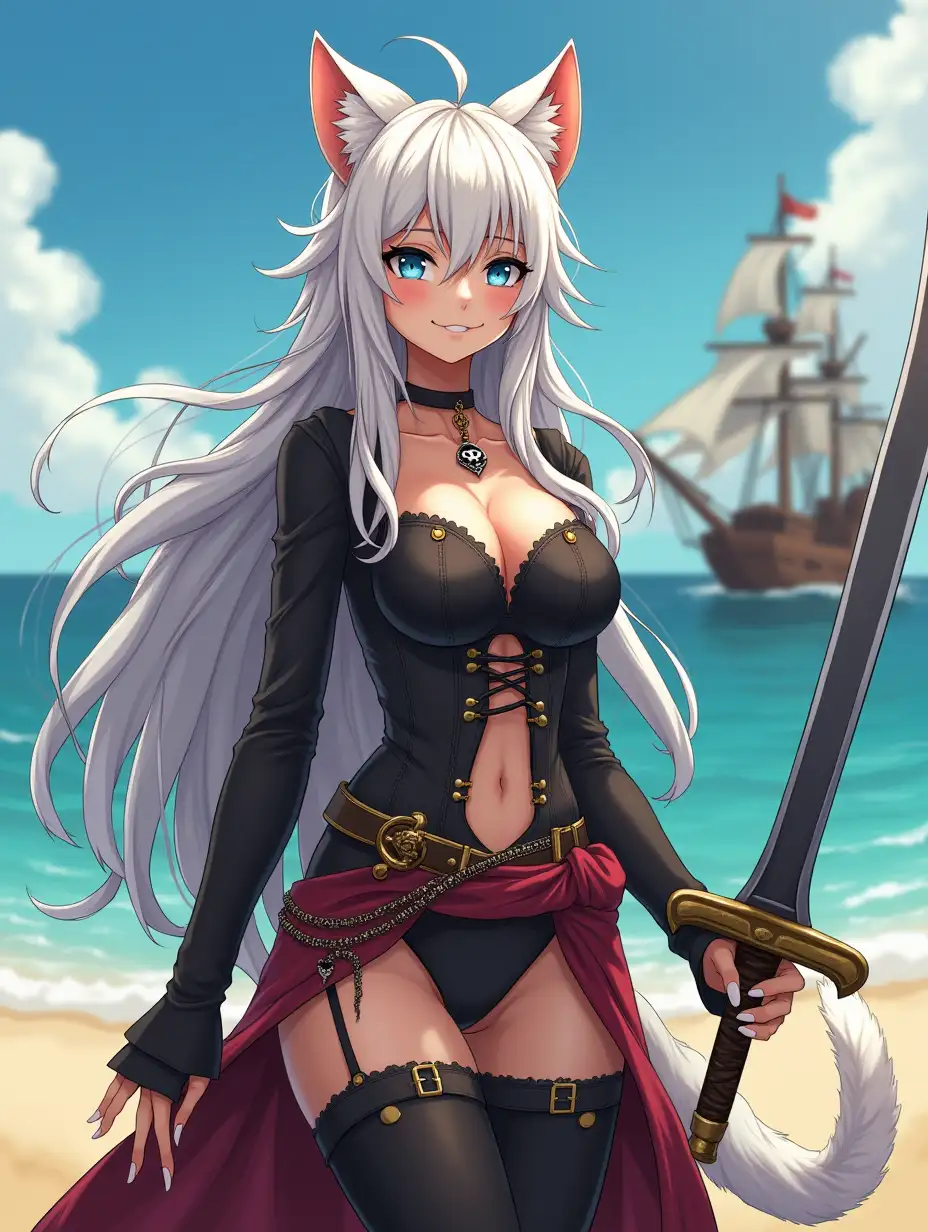 A mature adult feline/woman dressed as a pirate with a sword on a beach.  A pirate ship in the background. Her 30-something years are disguised by her youthful facial features, except for her subtle wrinkles around the eyes, extremely slender body. Her ample bosom strains against her clothing, threatening to burst free from the fabric, extreme cleavage.  Wearing black thigh high pirate boots. She has piercing blue cat eyes. A choker adorns her neck, a subtle hint at her feline nature. Her long, white hair cascades down her back like a wild waterfall, tangled and disheveled. Her cat-like teeth glint in the light, as her white fur-lined ears punctuate her visage with sparkling black and gold earring adorns each ear, adding a touch of elegance to her feline features. Cat whiskers on her face. The attached tail at the base of her spine stirs lazily.  Long fingernails. Full body view. Anime.