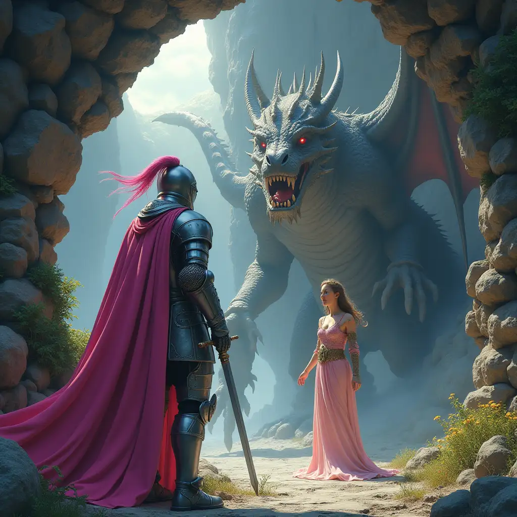 Knight-in-Pink-Armor-Battling-Dragon-to-Rescue-Princess-in-Stone-Cave