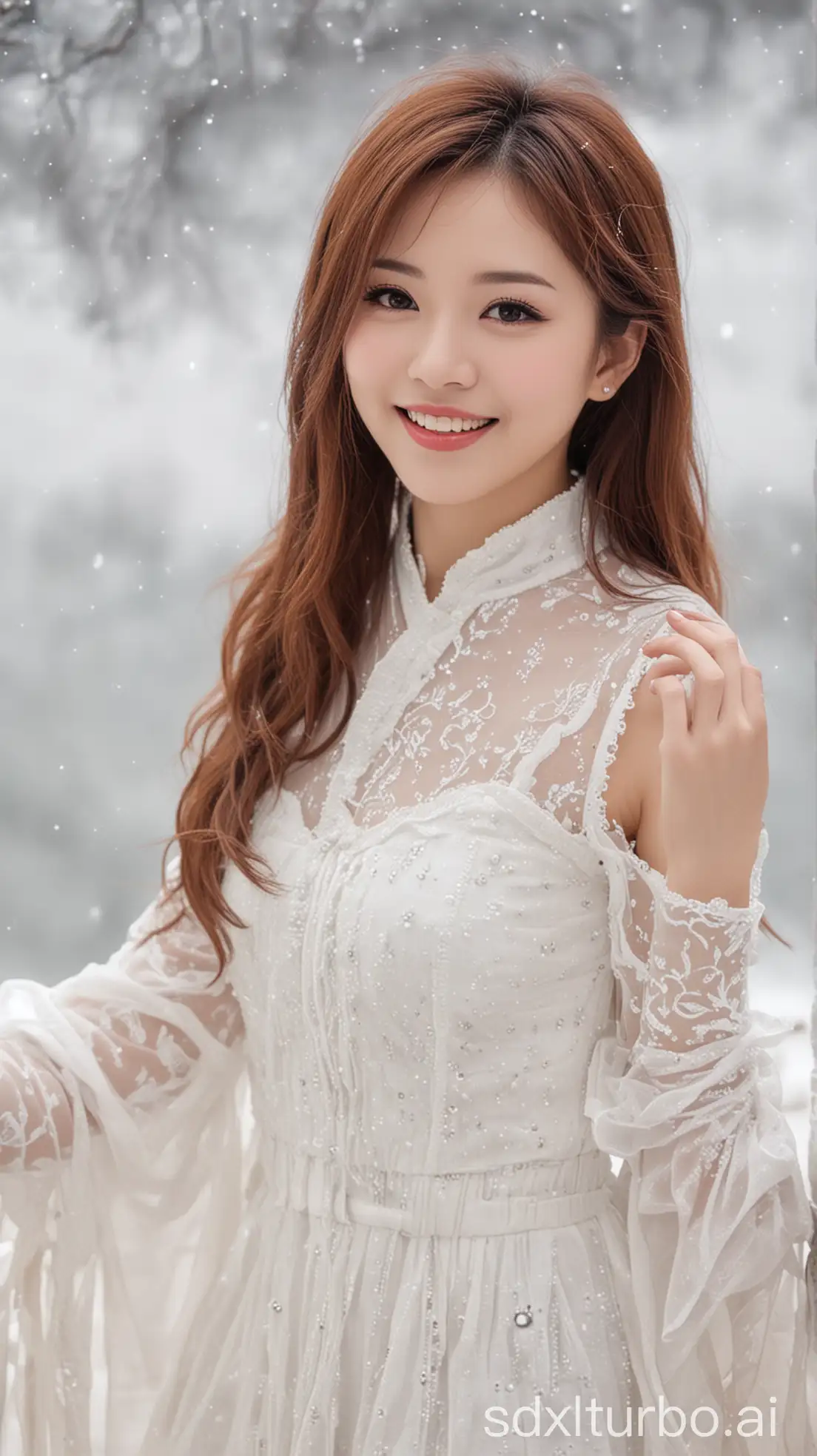 Chinese-Female-Singer-in-White-Dress-with-Sweet-Smile-in-Winter-Setting